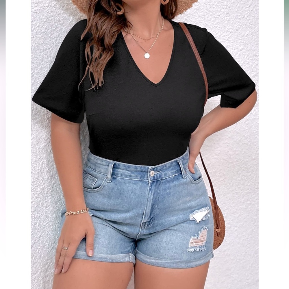 Women's Plus Size Short Sleeve Bodysuit V Neck Button T Shirt